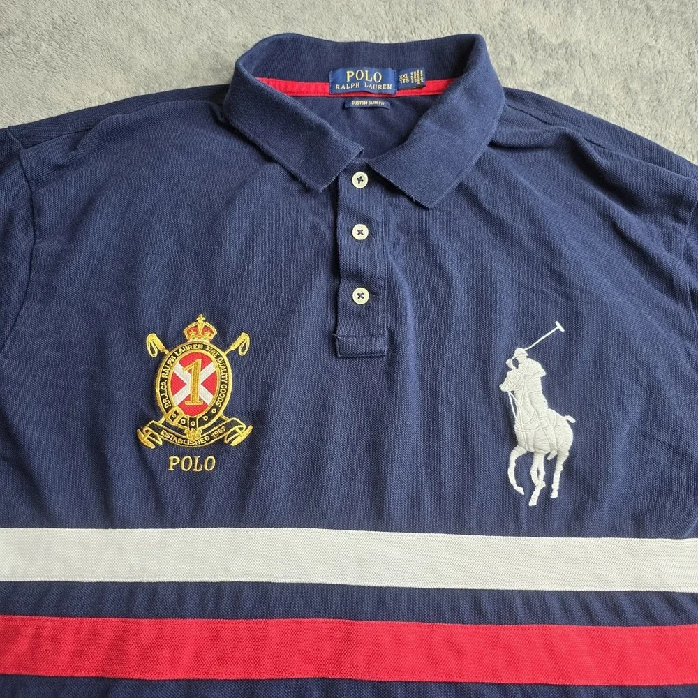 POLO RALPH LAUREN Men's XXL Gold Crest Big Pony Custom Slim Fit L/S Polo Navy